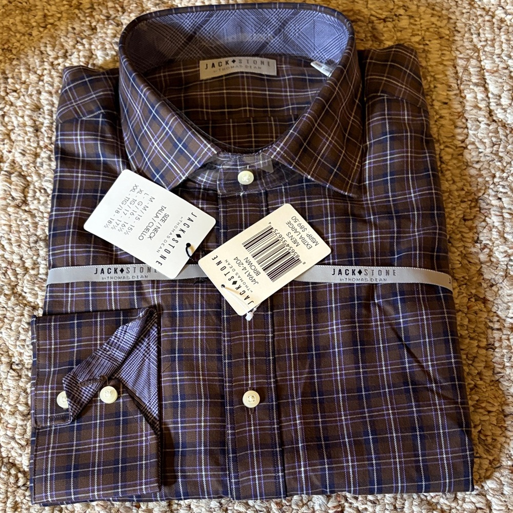 Thomas Dean Men's Dark Blue and Brown Plaid Shirt